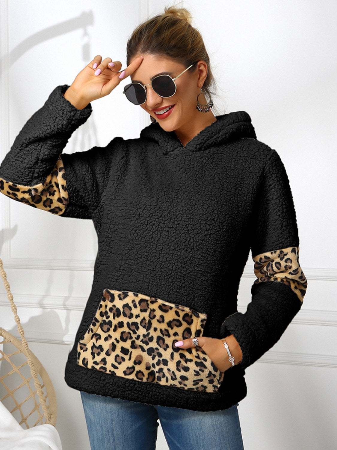 Ivy Lane Sherpa Leopard Long Sleeve Hoodie