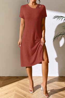 Ivy Lane Ribbed Asymmetrical Neck Short Sleeve Dress