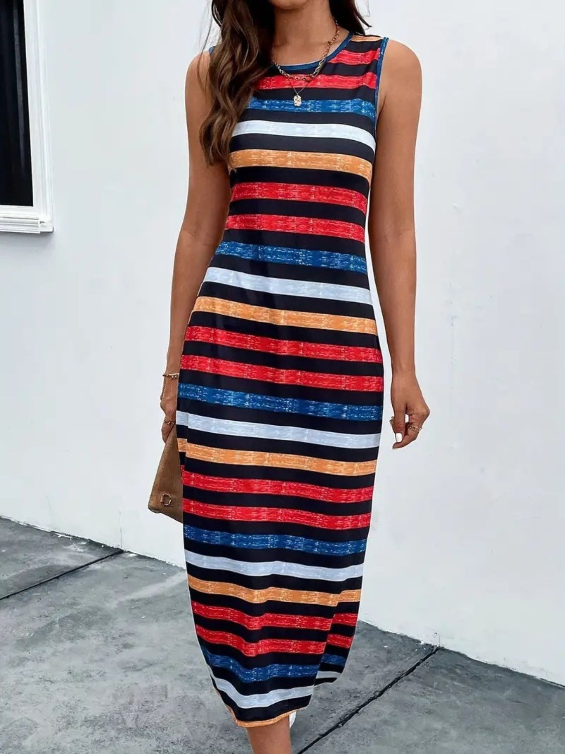 Slit Printed Round Neck Sleeveless Dress