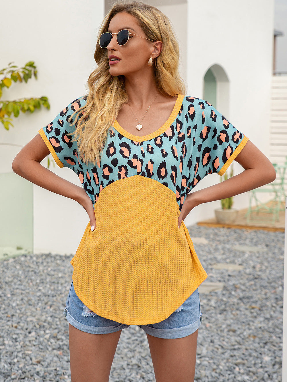 Ivy Lane Leopard Waffle-Knit Short Sleeve Top