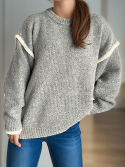 Contrast Trim Round Neck Dropped Shoulder Sweater