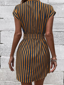 Tied Striped Cap Sleeve Mini Dress