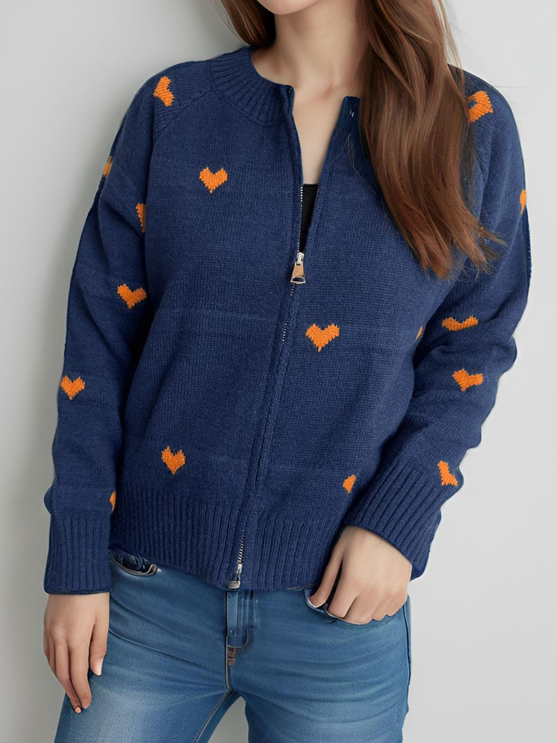 Heart Round Neck Zip Up Cardigan