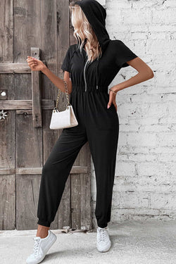 Perfee Zip-Up Short Sleeve Hooded Jumpsuit with Pockets