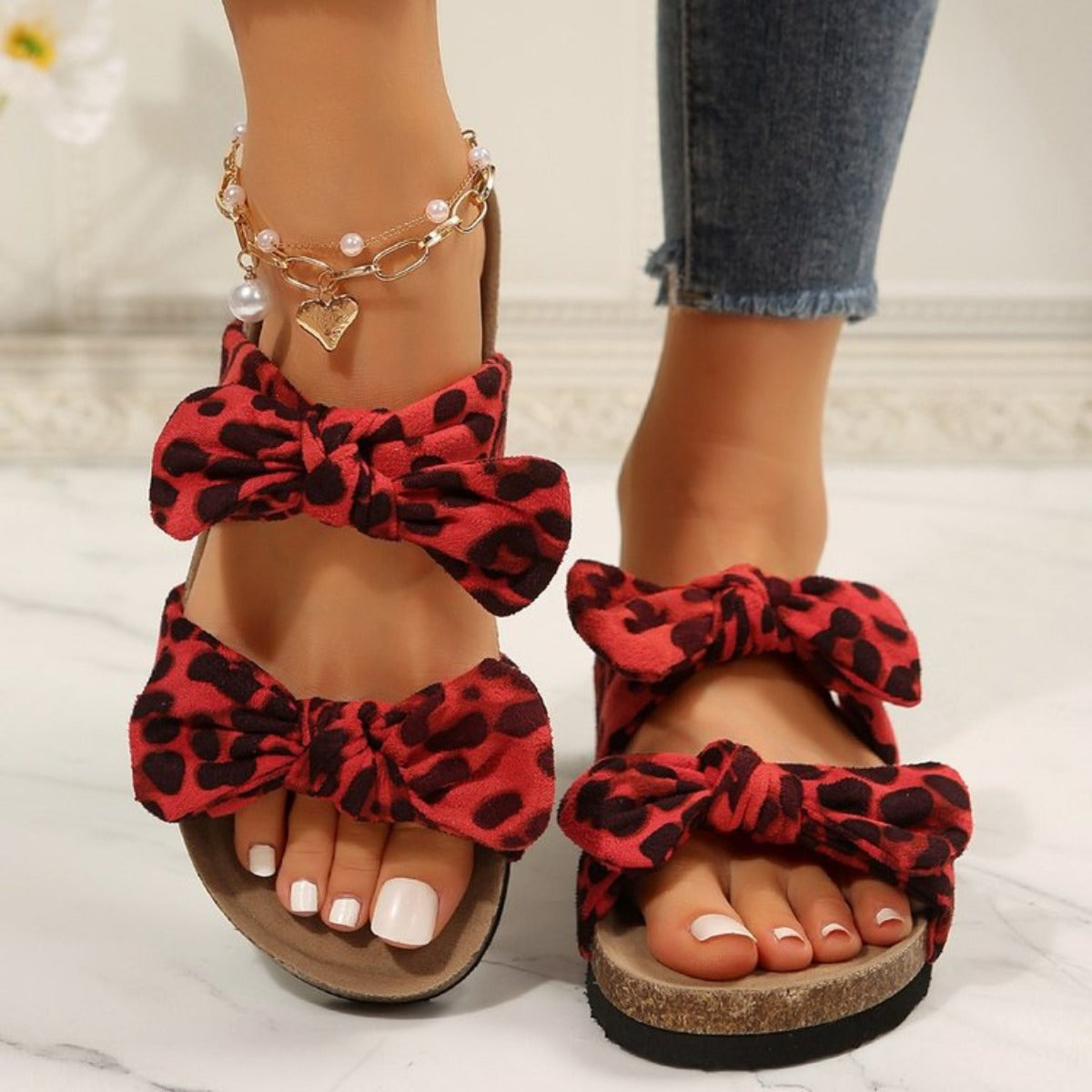 Leopard Double Bow Open Toe Sandals