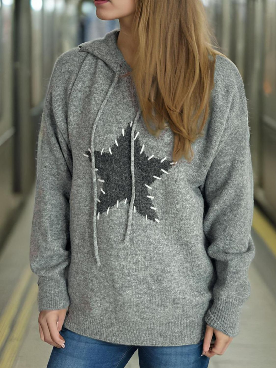 Drawstring Star Long Sleeve Hooded Sweater