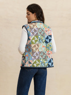 Printed Patchwork Contrast Piping Vest