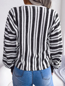 Striped Lace-Up Long Sleeve Sweater