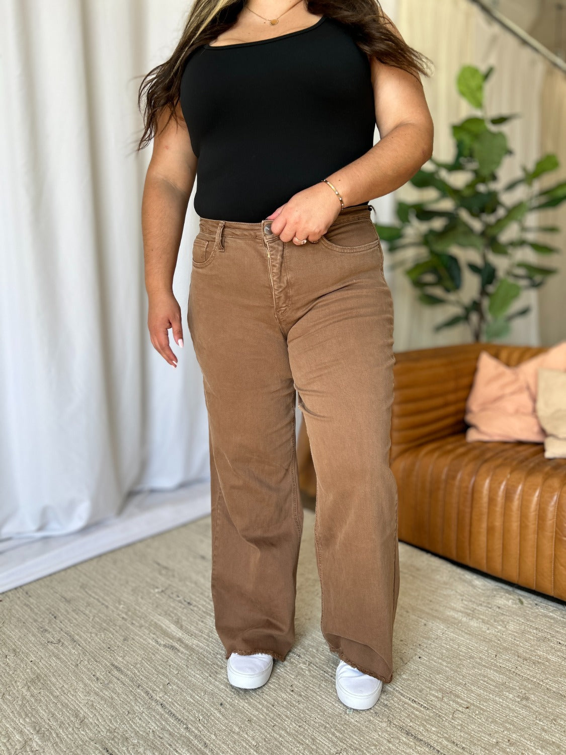 Pantalones vaqueros de pierna ancha teñidos con talle alto y talla grande RFM