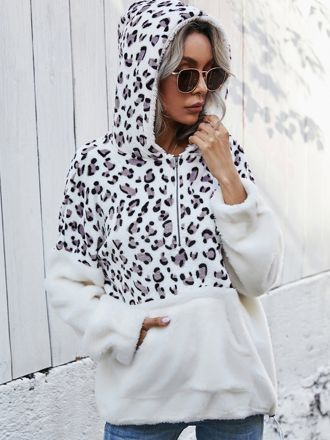 Shiny Leopard Half-Zip Dropped Shoulder Hoodie