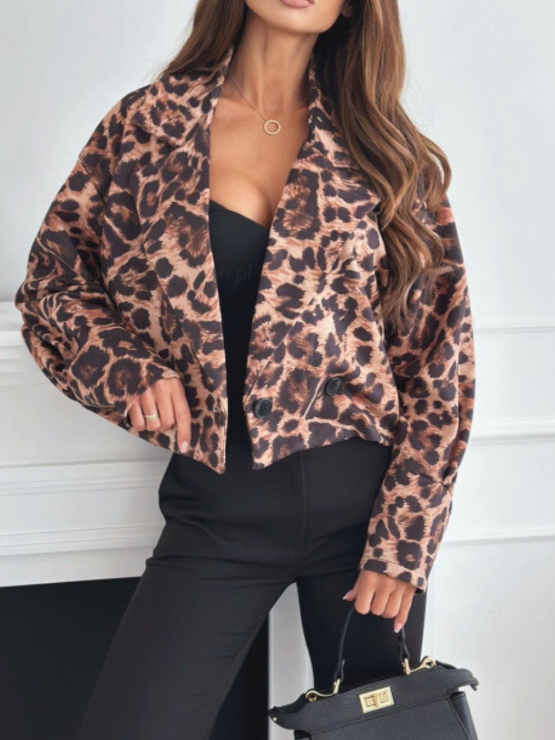 Leopard Collared Neck Cropped Jacket