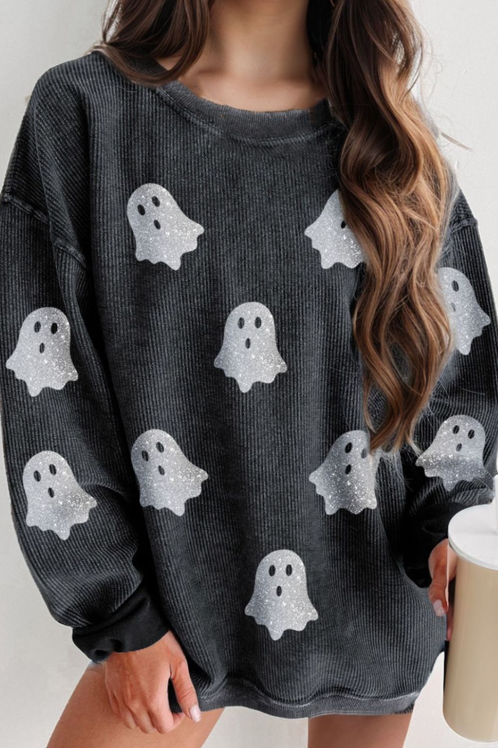 Sudadera de manga larga y cuello redondo con diseño de fantasma con purpurina