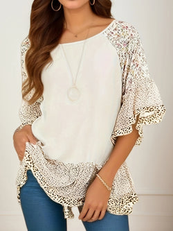 Full Size Frill Printed Round Neck Half Sleeve Blouse