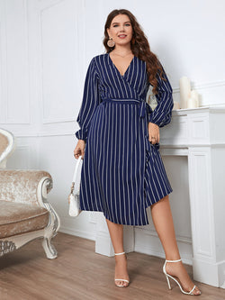 Honey Melo Apparel Plus Size Striped Surplice Neck Long Sleeve Dress