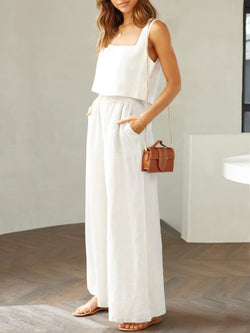 Square Neck Top and Wide Leg Pants Set