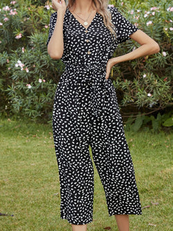 Ivy Lane Printed V-Neck Short Sleeve Jumpsuit