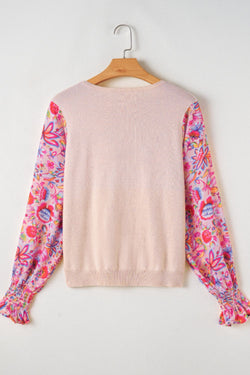 Printed Round Neck Flounce Sleeve Sweater