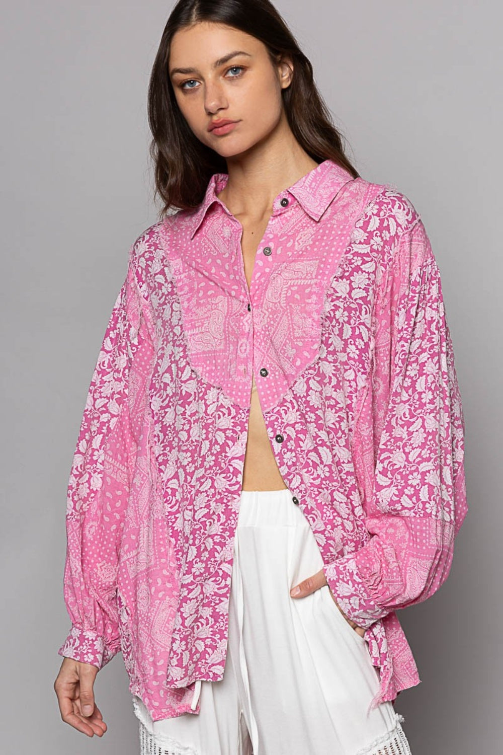 POL Button Down Long Sleeve Paisley Print Shirt