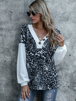 Shiny Leopard Decorative Button V-Neck Top