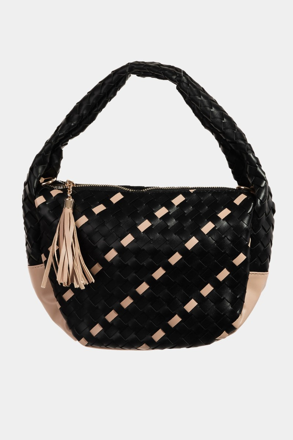 Bolso semicircular tejido con detalle de borlas Fame