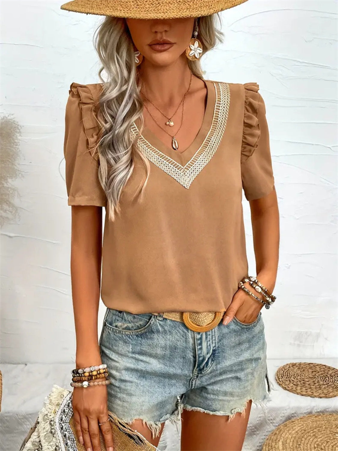 Ruffled V-Neck Short Sleeve Blouse