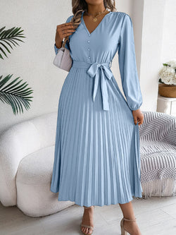 Pleated Tied V-Neck Long Sleeve Dress