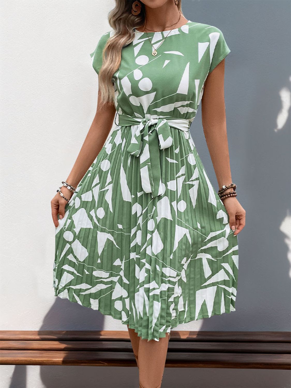 Perfee Tied Pleated Printed Cap Sleeve Dress