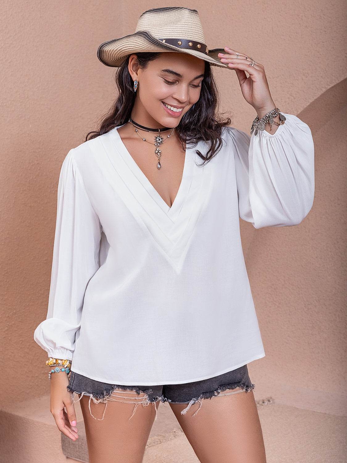 Plus Size V-Neck Balloon Sleeve Blouse