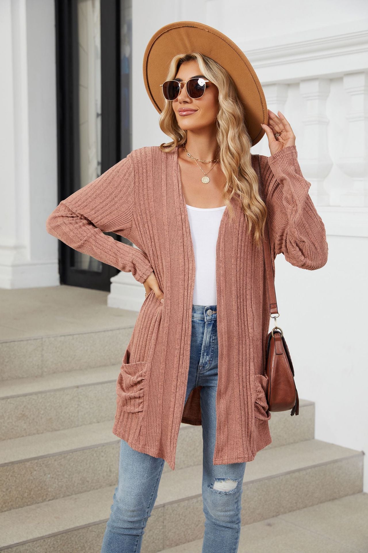 Pocketed Open Front Long Sleeve Cardigan