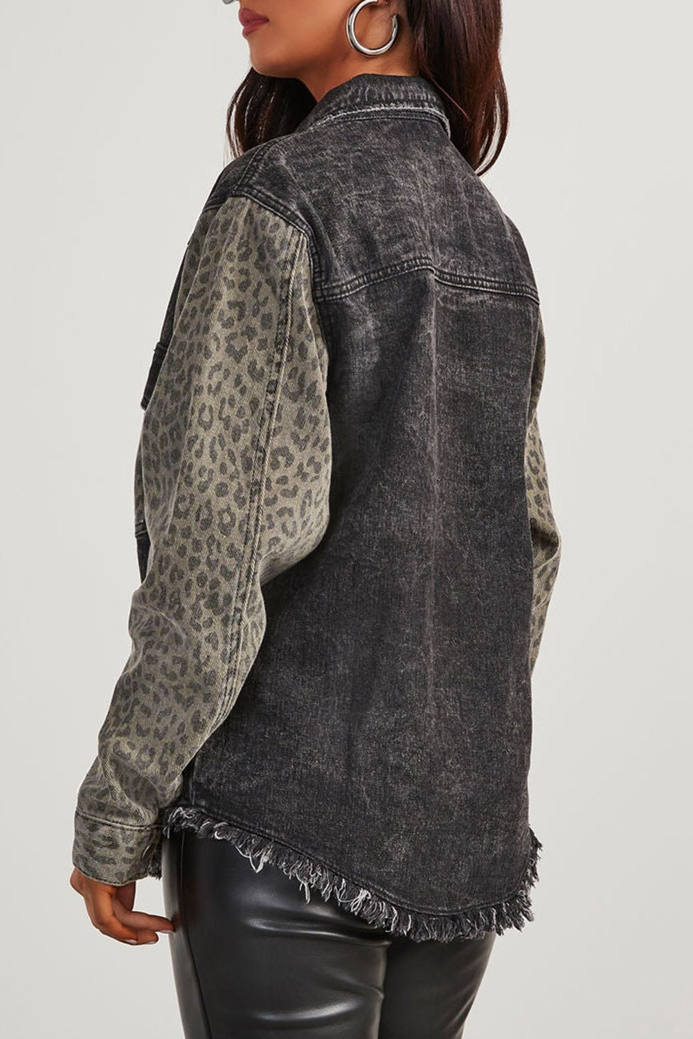 Raw Hem Leopard Snap Down Denim Jacket