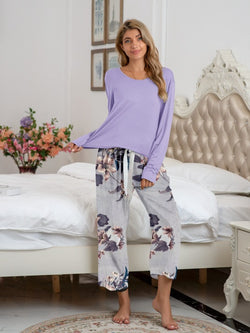 Round Neck Top and Printed Pants Lounge Set