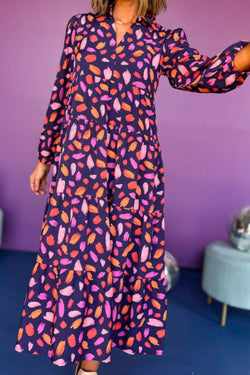 Printed Notched Long Sleeve Dress