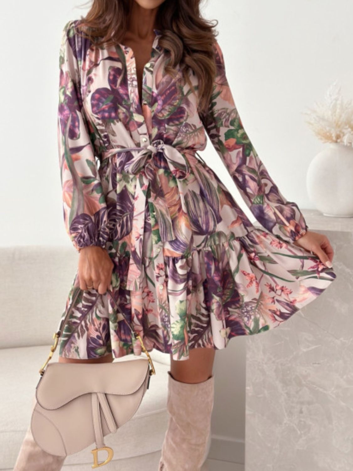 Ruffle Hem Floral Long Sleeve Dress