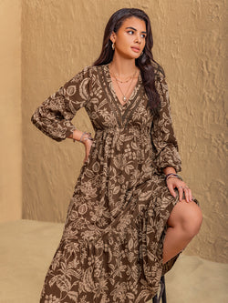 Ruched Printed V-Neck Long Sleeve Midi Dress