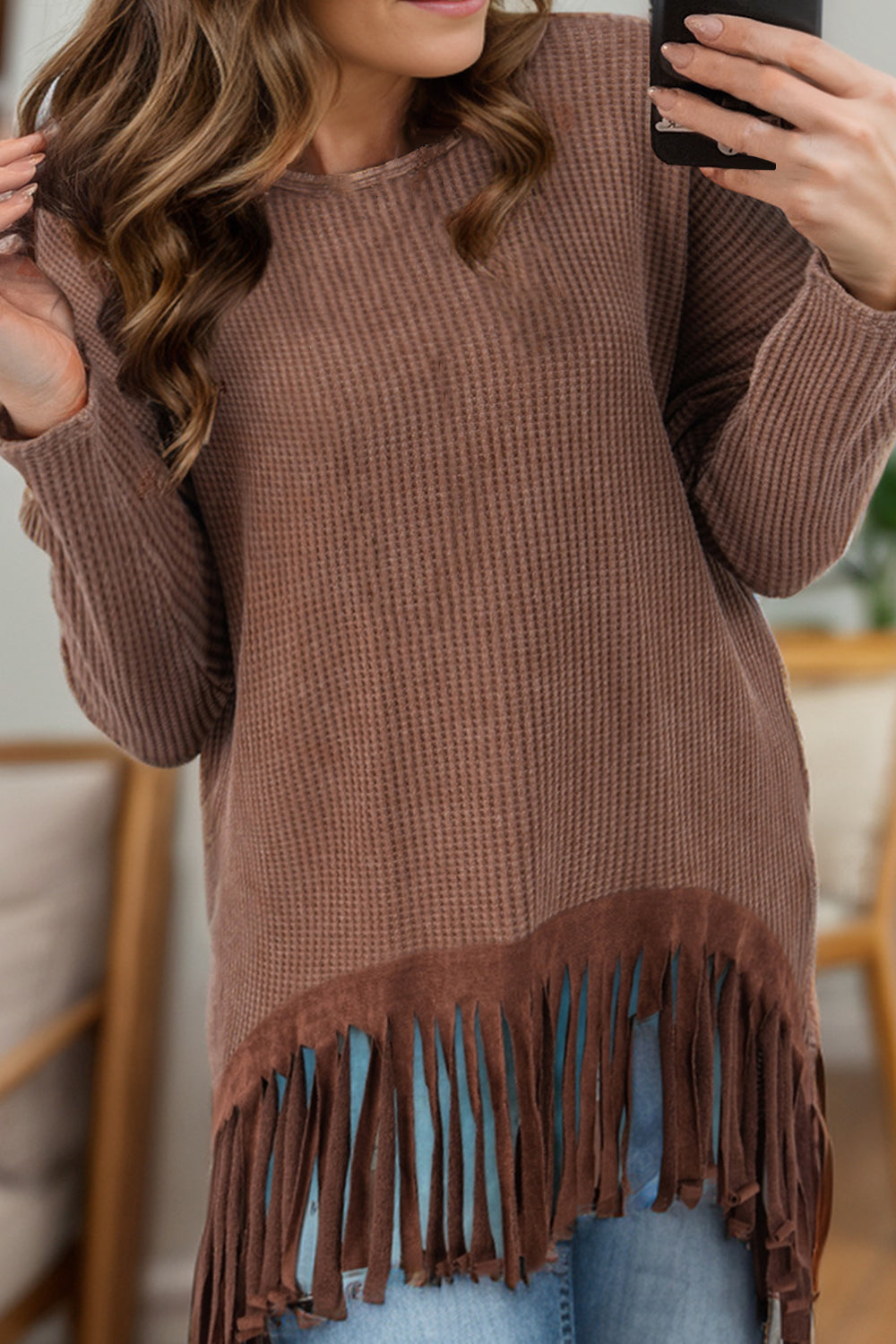 Fringe Round Neck Long Sleeve Top