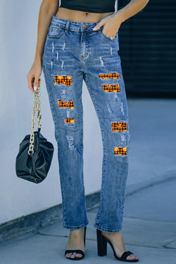 Distressed Pumpkin Pattern Jeans with Pockets