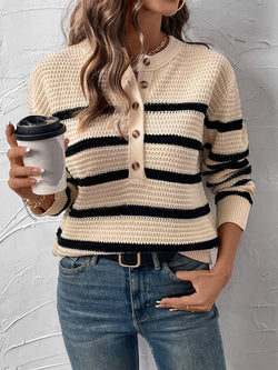 Perfee Striped Half Button Long Sleeve Sweater