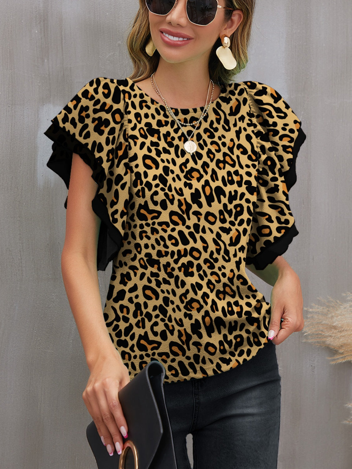 FAM-FAM Leopard Round Neck Flounce Sleeve Blouse