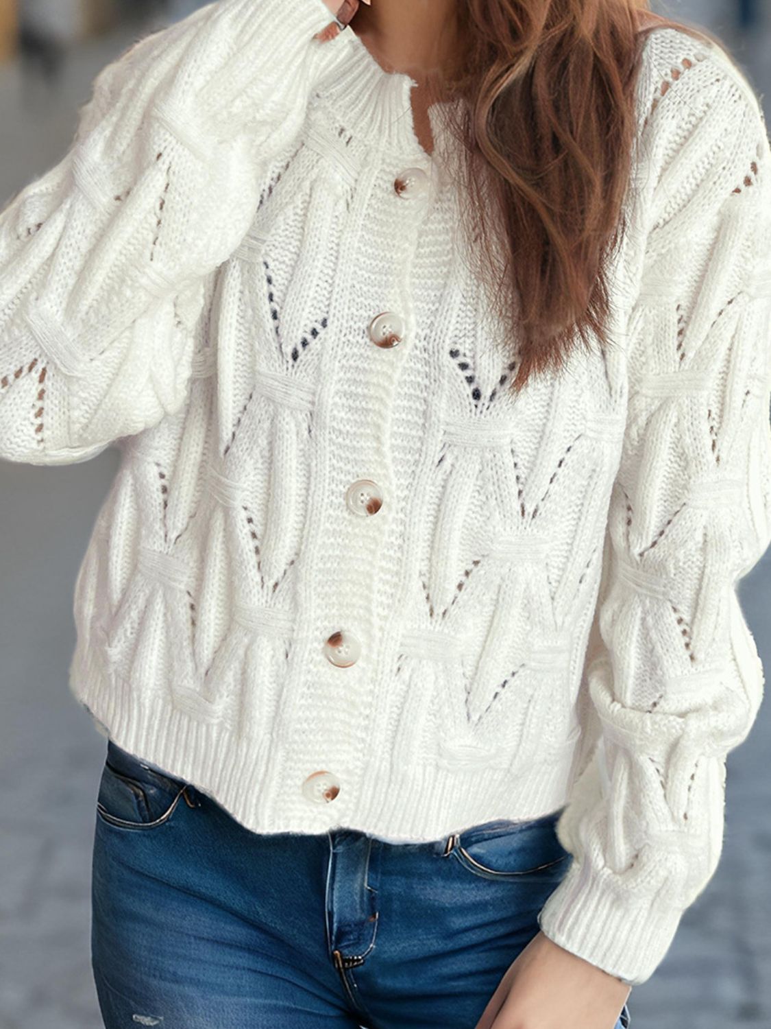 Openwork Round Neck Long Sleeve Cardigan