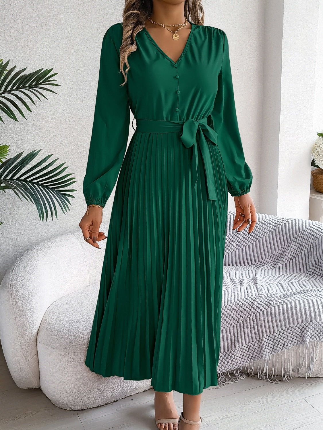 Pleated Tied V-Neck Long Sleeve Dress