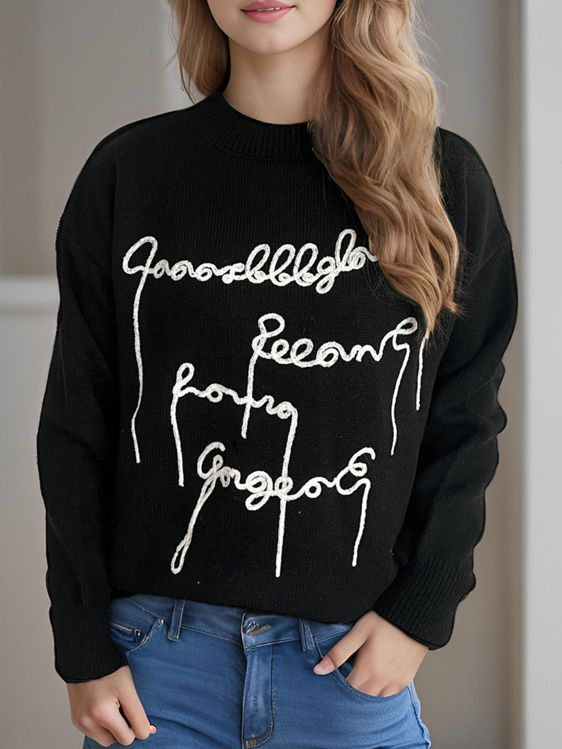 Letter Contrast Round Neck Dropped Shoulder Sweater