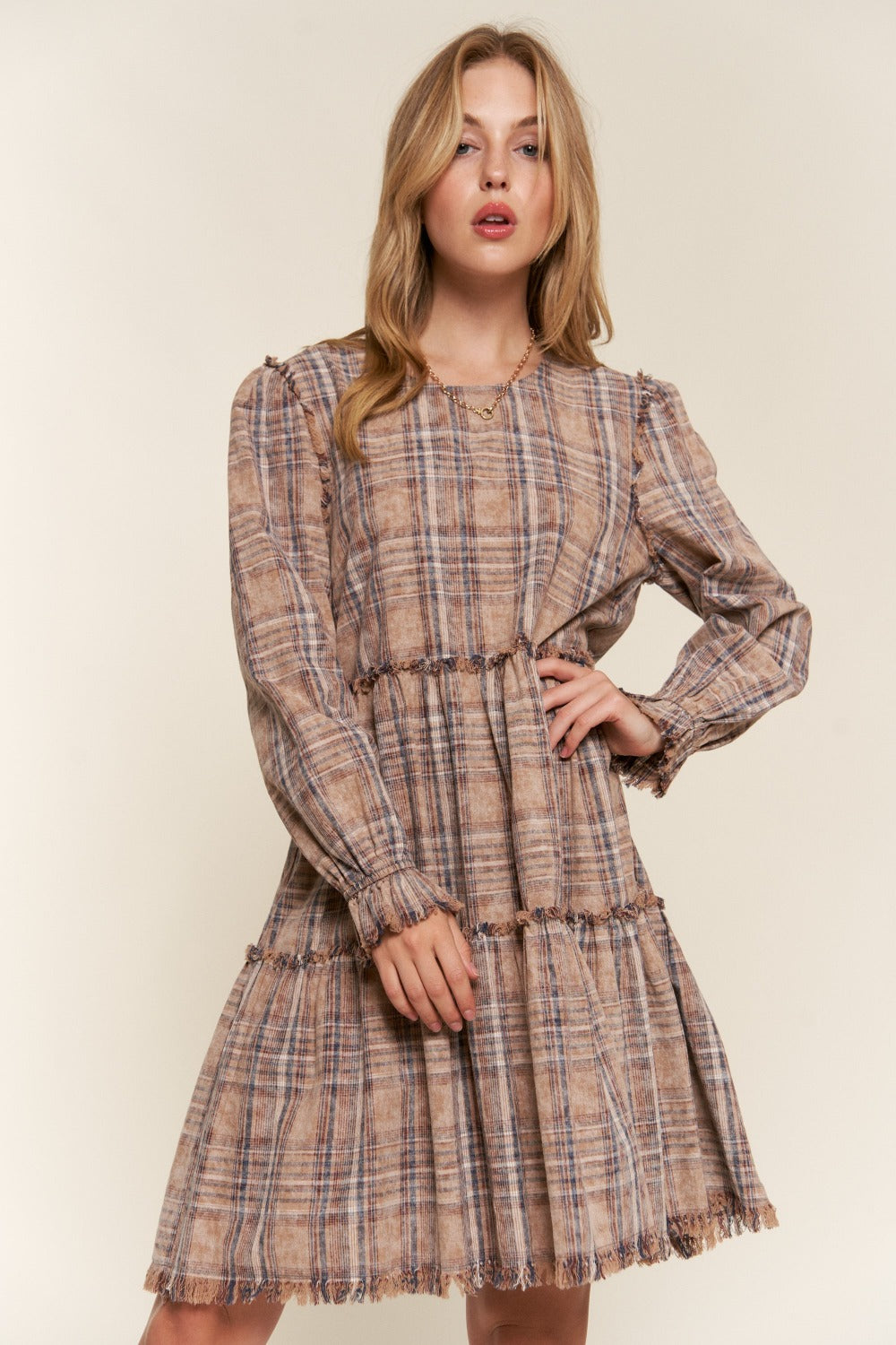 And The Why Full Size Washed Frayed Tiered Plaid Dress