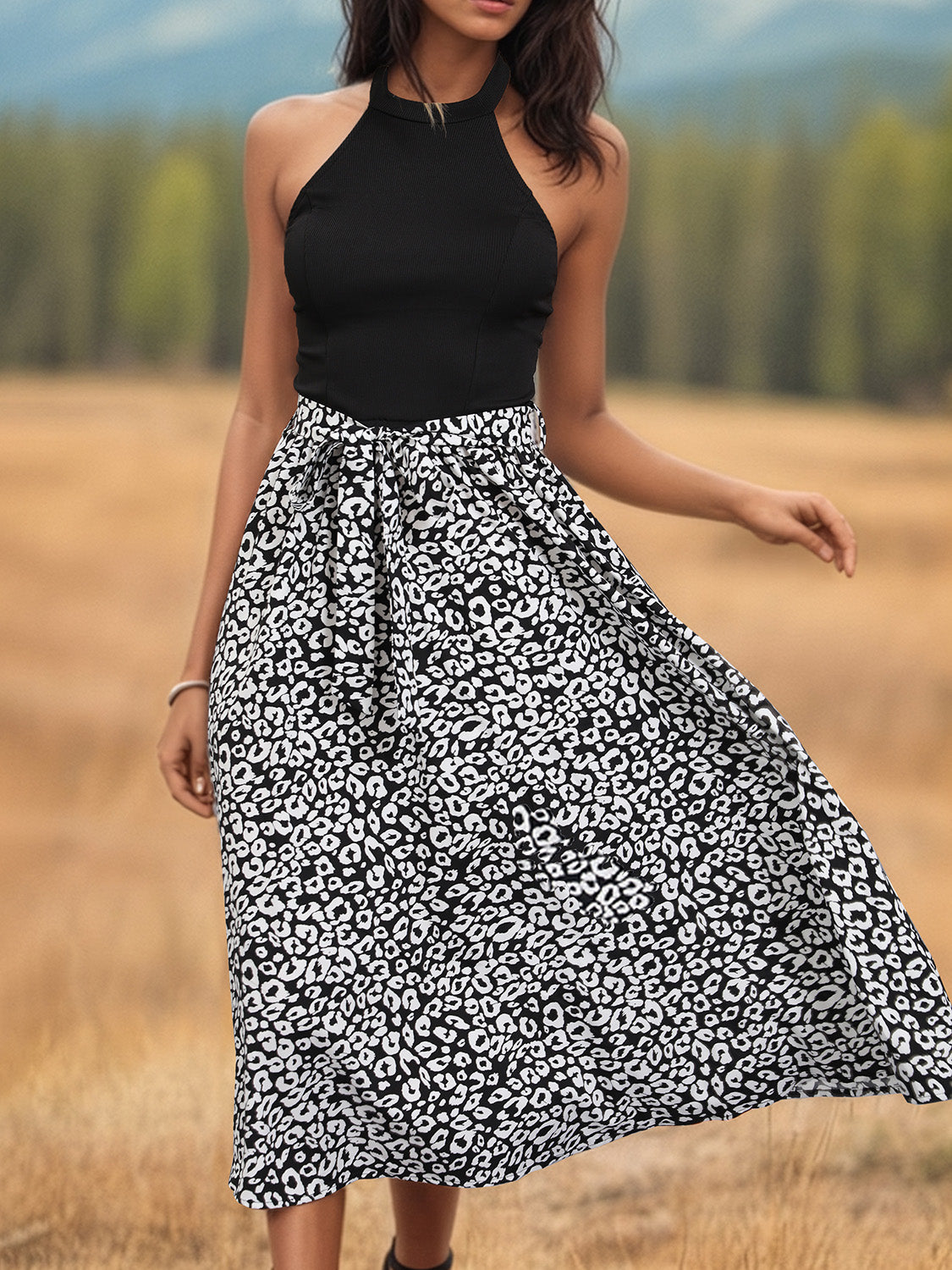 Perfee Leopard Halter Neck Midi Dress