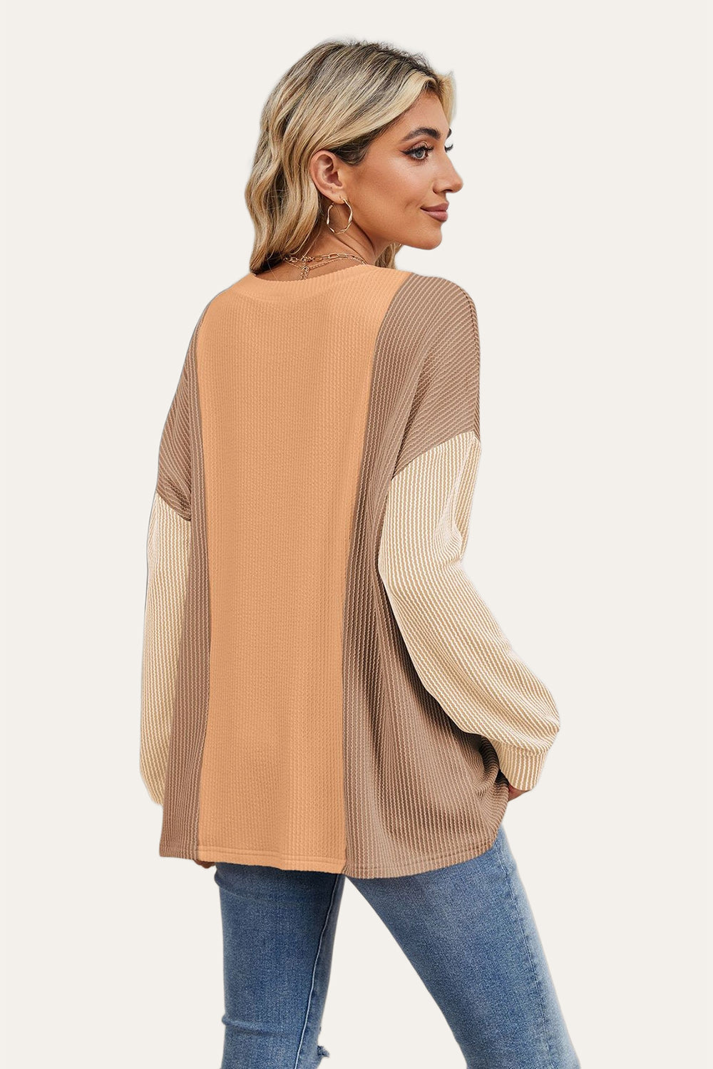 Double Take Texture Contrast Round Neck Long Sleeve T-Shirt