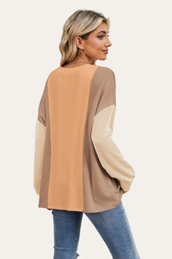 Double Take Texture Contrast Round Neck Long Sleeve T-Shirt