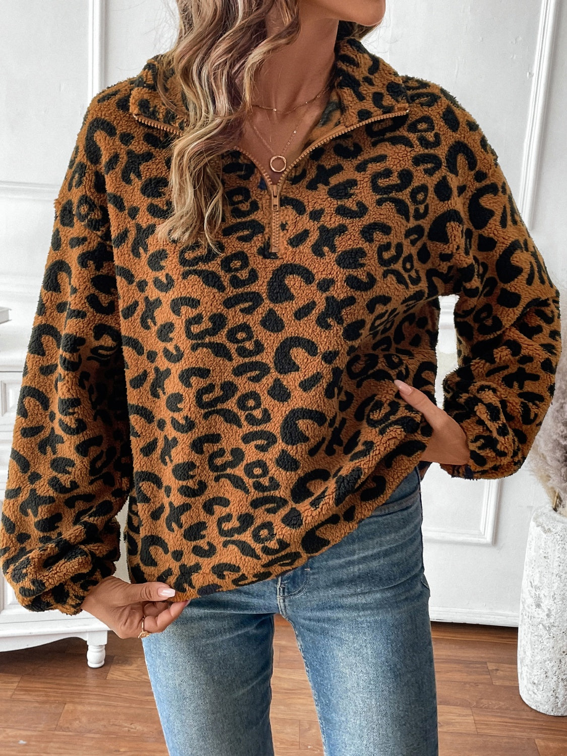 Sudadera de manga larga con media cremallera y estampado de leopardo