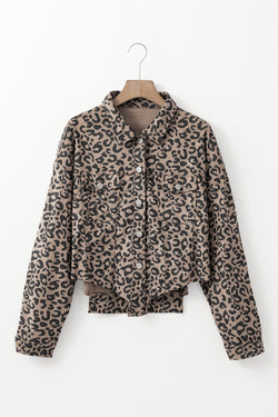 Asymmetrical Hem Collared Neck Leopard Jacket