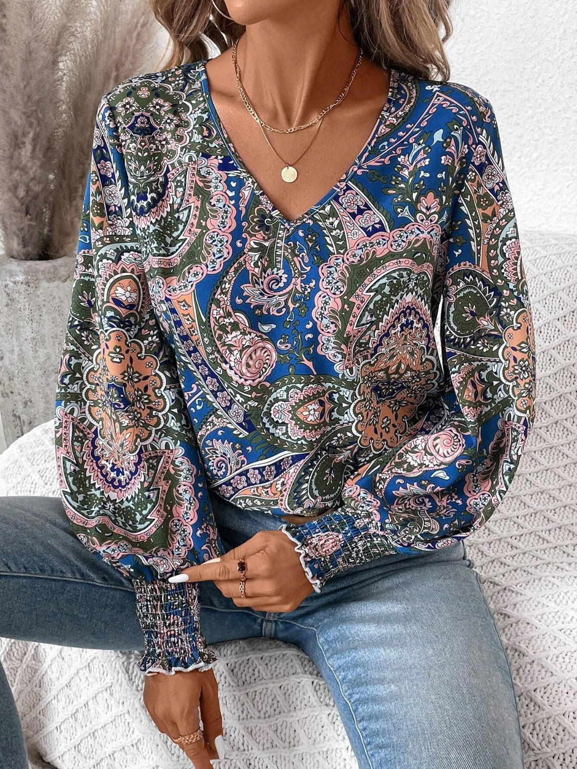 Printed V-Neck Lantern Sleeve Top