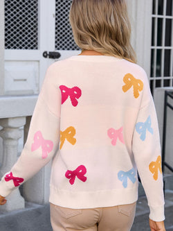 Angel Wings Bow Graphic Round Neck Long Sleeve Sweater