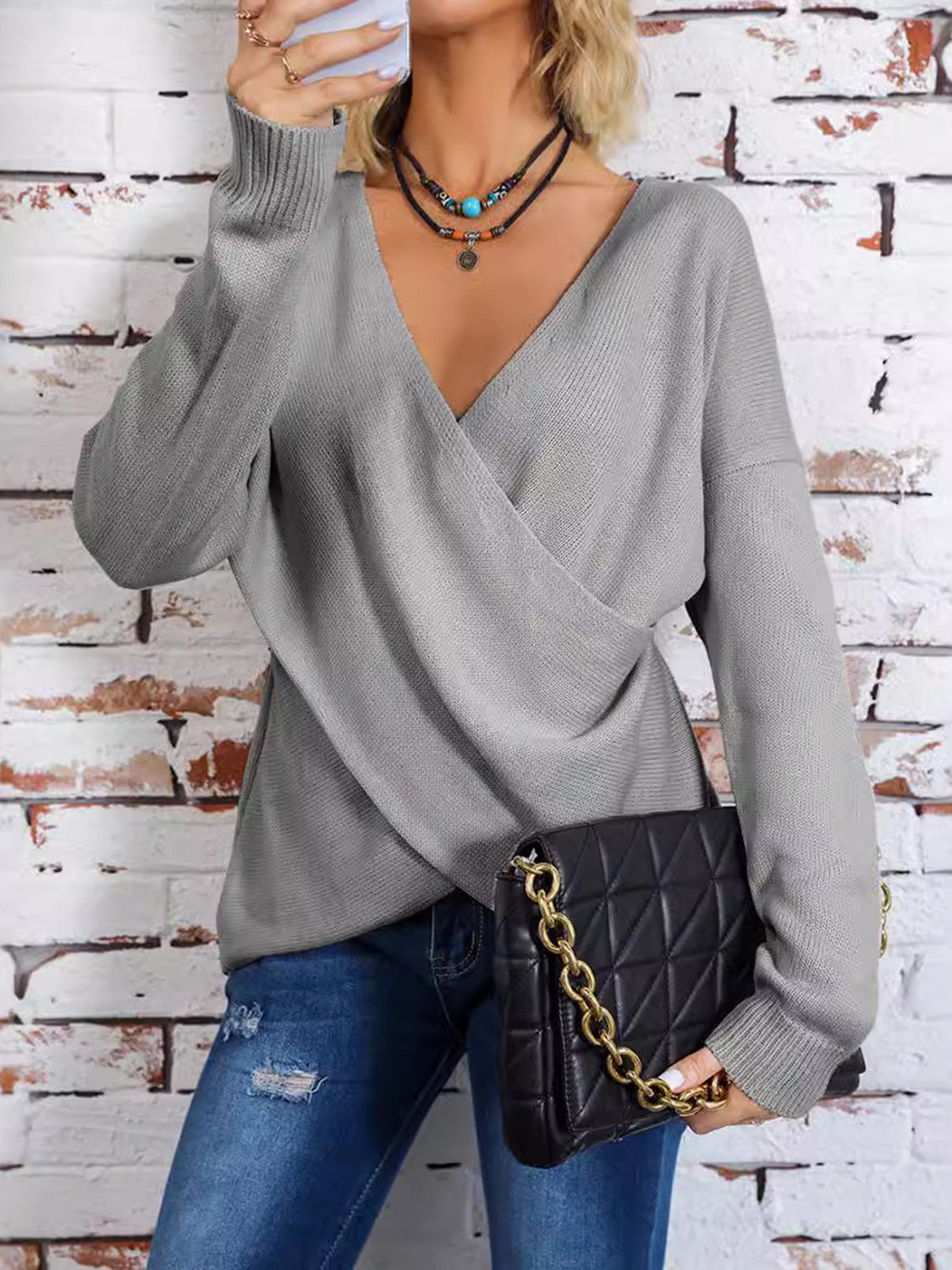 Surplice Dropped Shoulder Long Sleeve Sweater